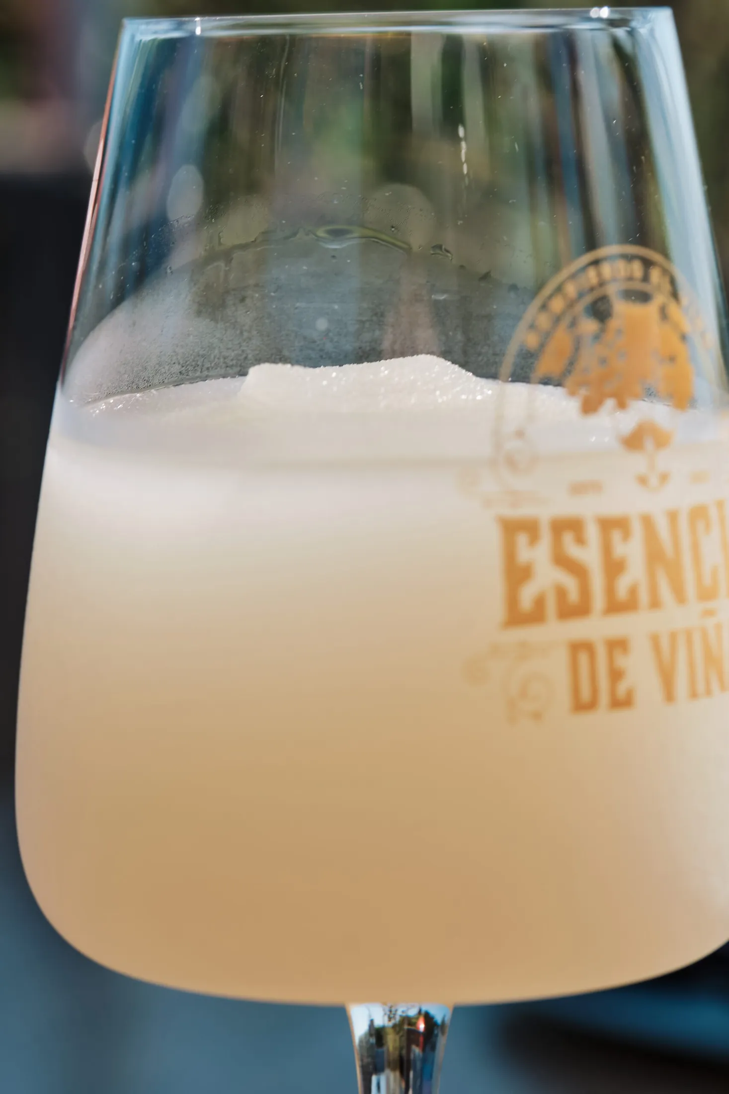 Copa de blanco Esencia de Viña de cerca, con el logo dorado